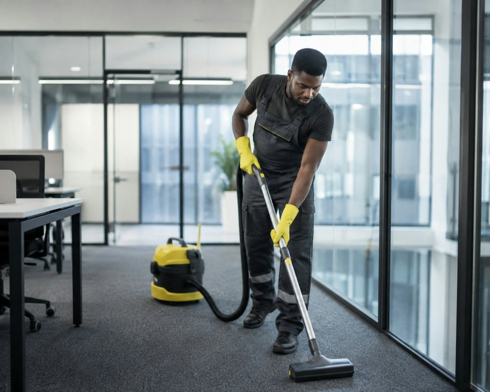 Cleaner vacuuming an office floor